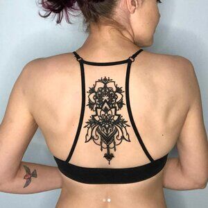 EUC Cute Tattoo Illusion Embroidered Black Ribbed Mesh V-Neck Racerback Bralette